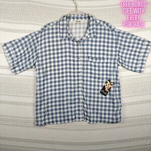 Hint of Blush Blue White Checkered Button Up Top Size XL NWT